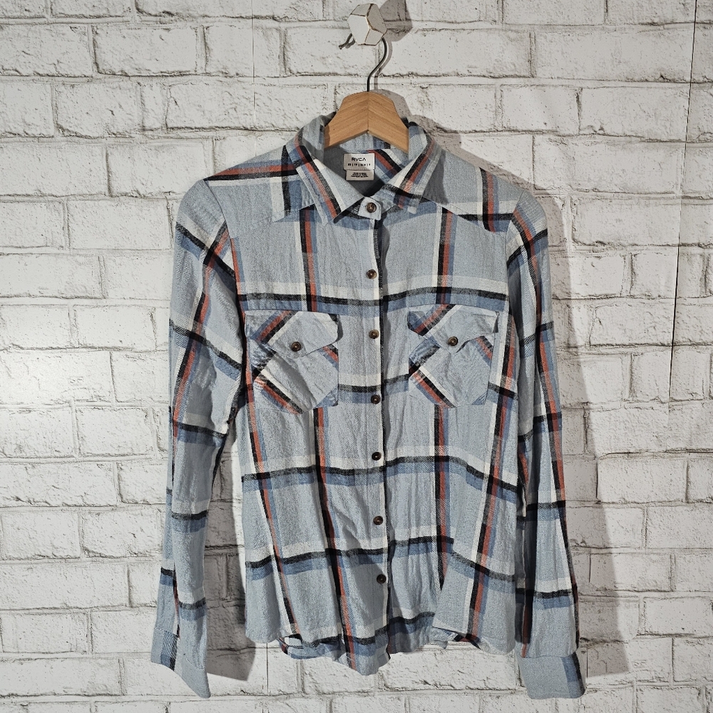 ☆ RVCA Blue Plaid Flannel Button-Up Shirt, XS ☆